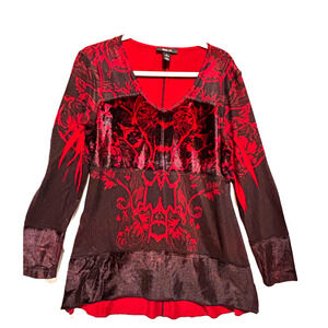 Womens sz L tunic top red & black velvet block Couqette Fairy Witchy Career goth